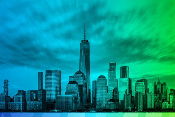 Cityscape with a green and blue gradient overlay