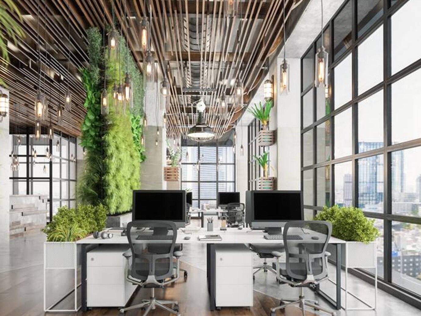 Interior of a modern office decorated with green plants